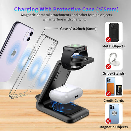Factory Direct Sale Desktop Fast 15W 3 in 1 Wireless Charger Stand for iPhone & Android Suitable with Earphones