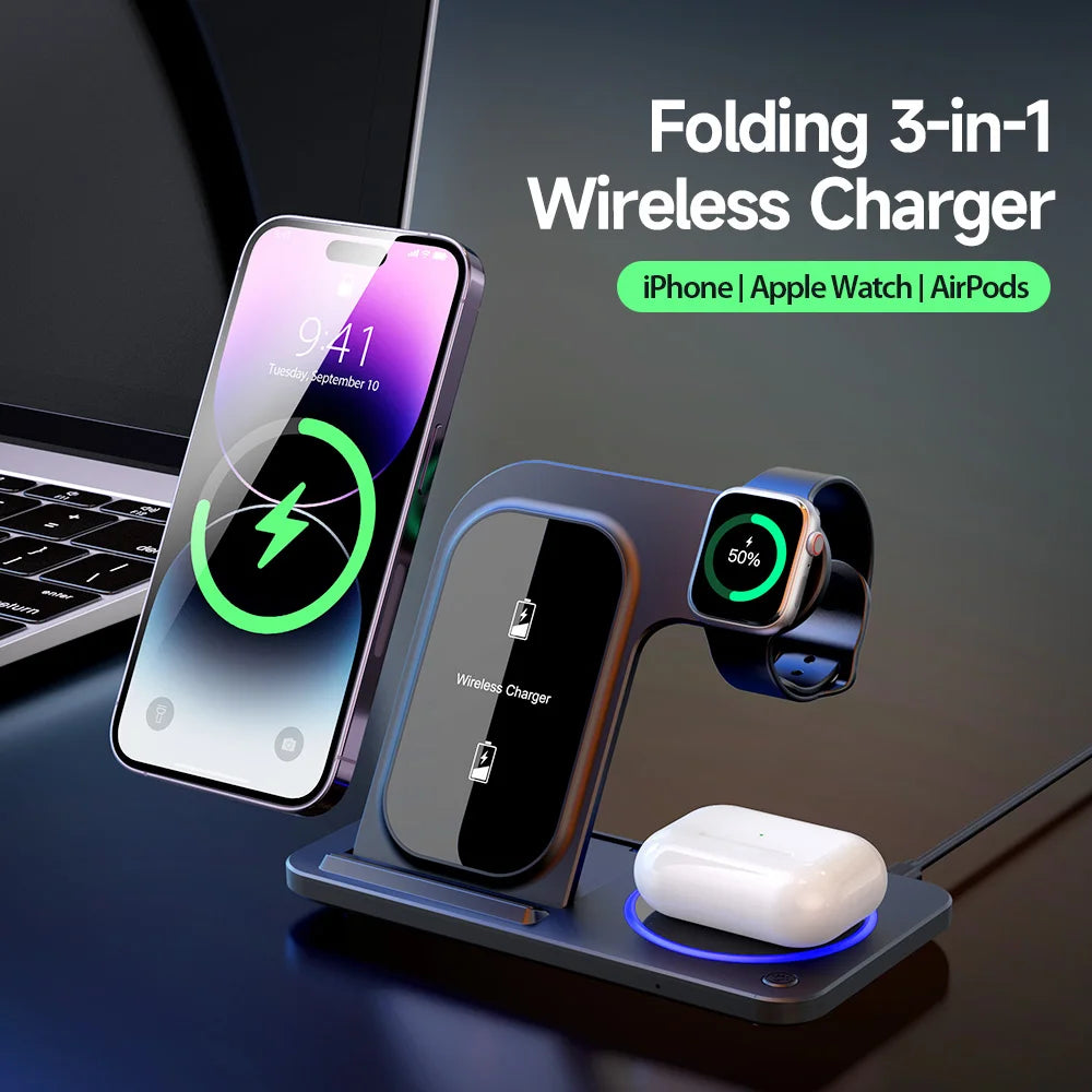 2026 New ProductsMultifunction 3 in 1 Wireless Charger Foldable 15W Fast Charging Portable Custom Logo Holder Station Dropship