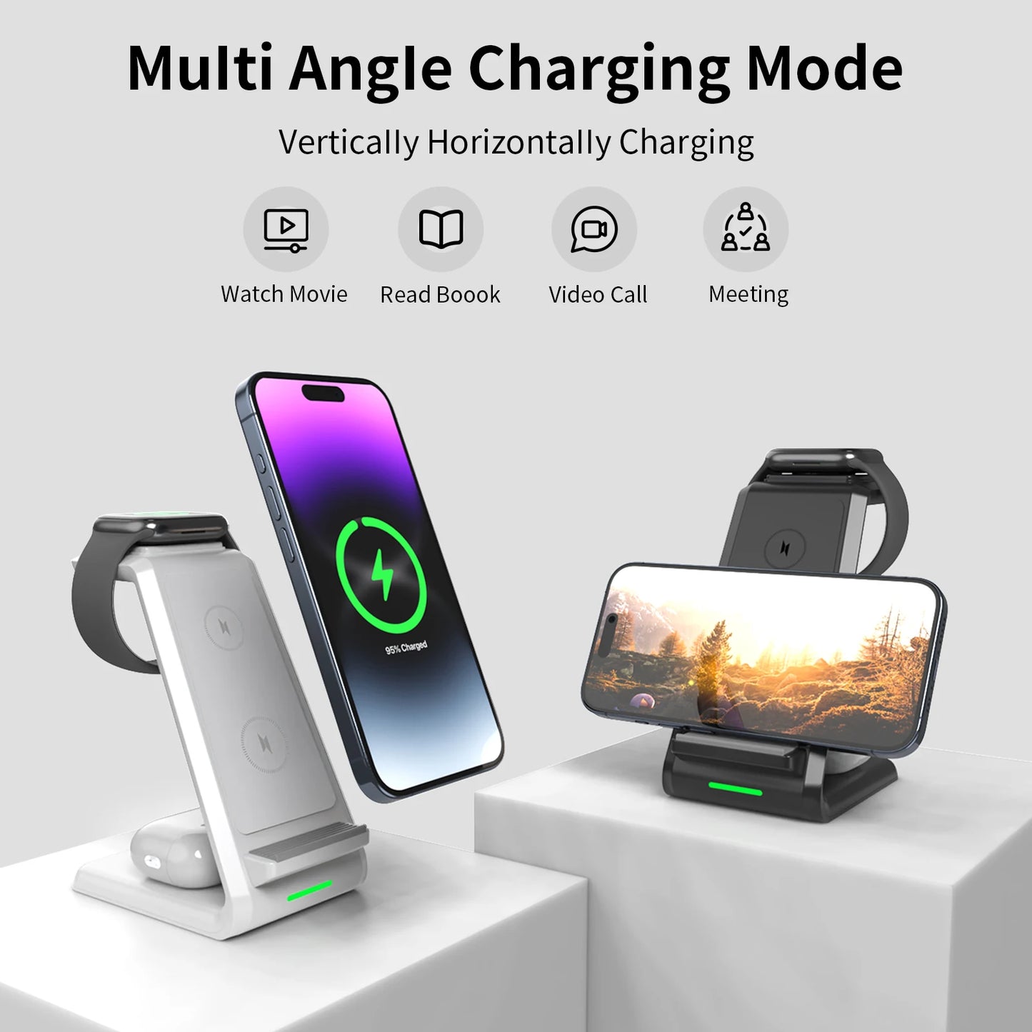 Hot Selling 15W Foldable Wireless Charger Stand Fast Charging Station PD 3-in-1  Portable Wireless Charging Function All in One
