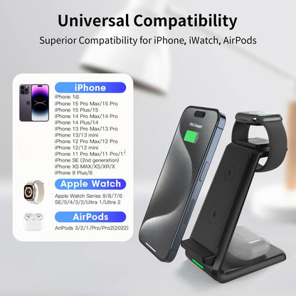 Hot Selling 15W Foldable Wireless Charger Stand Fast Charging Station PD 3-in-1  Portable Wireless Charging Function All in One