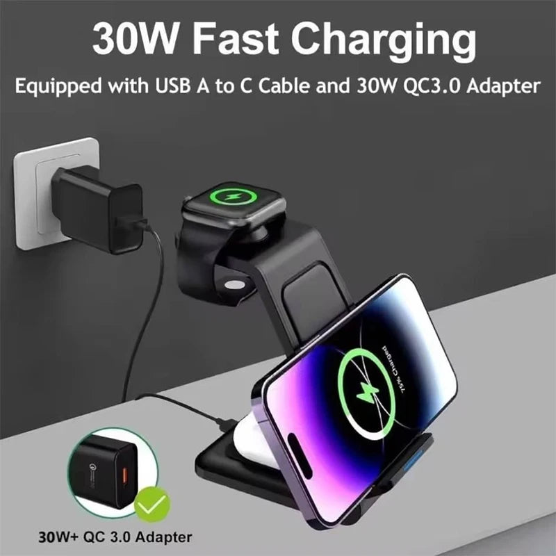 Factory Direct Sale Desktop Fast 15W 3 in 1 Wireless Charger Stand for iPhone & Android Suitable with Earphones