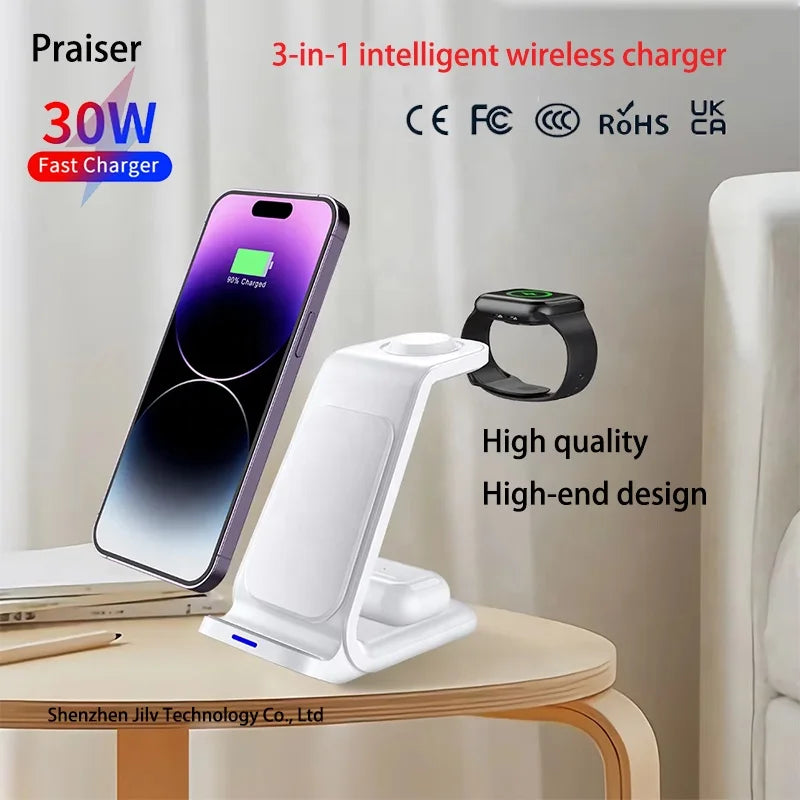 Factory Direct Sale Desktop Fast 15W 3 in 1 Wireless Charger Stand for iPhone & Android Suitable with Earphones