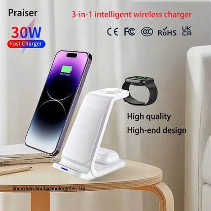 Factory Direct Sale Desktop Fast 15W 3 in 1 Wireless Charger Stand for iPhone & Android Suitable with Earphones