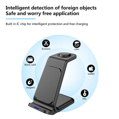 Factory Direct Sale Desktop Fast 15W 3 in 1 Wireless Charger Stand for iPhone & Android Suitable with Earphones