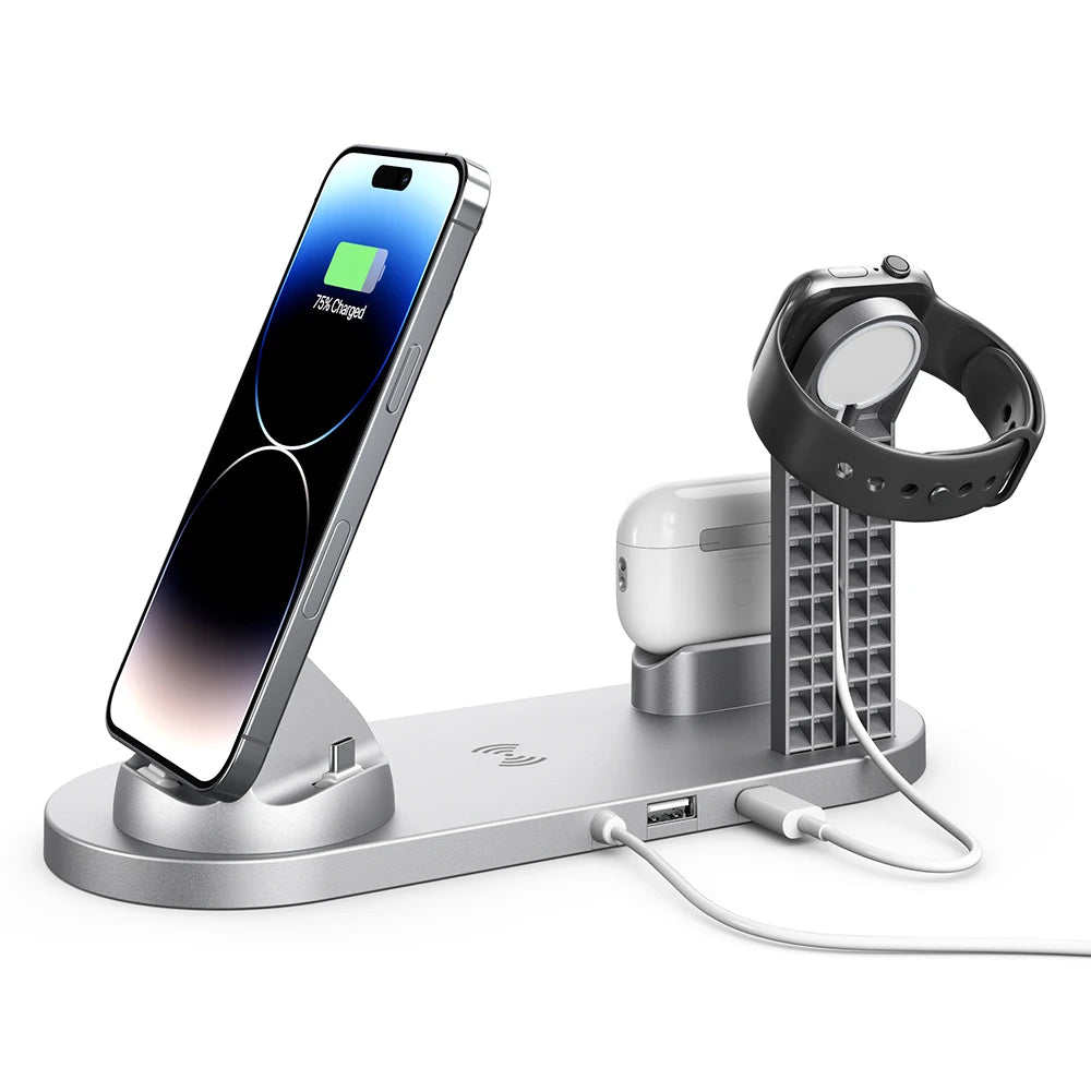 Newest 6-in-1 Foldable Fast Wireless Charging Stand Dock Electric Charger for Multiple Devices Including Phone Watch Headphones
