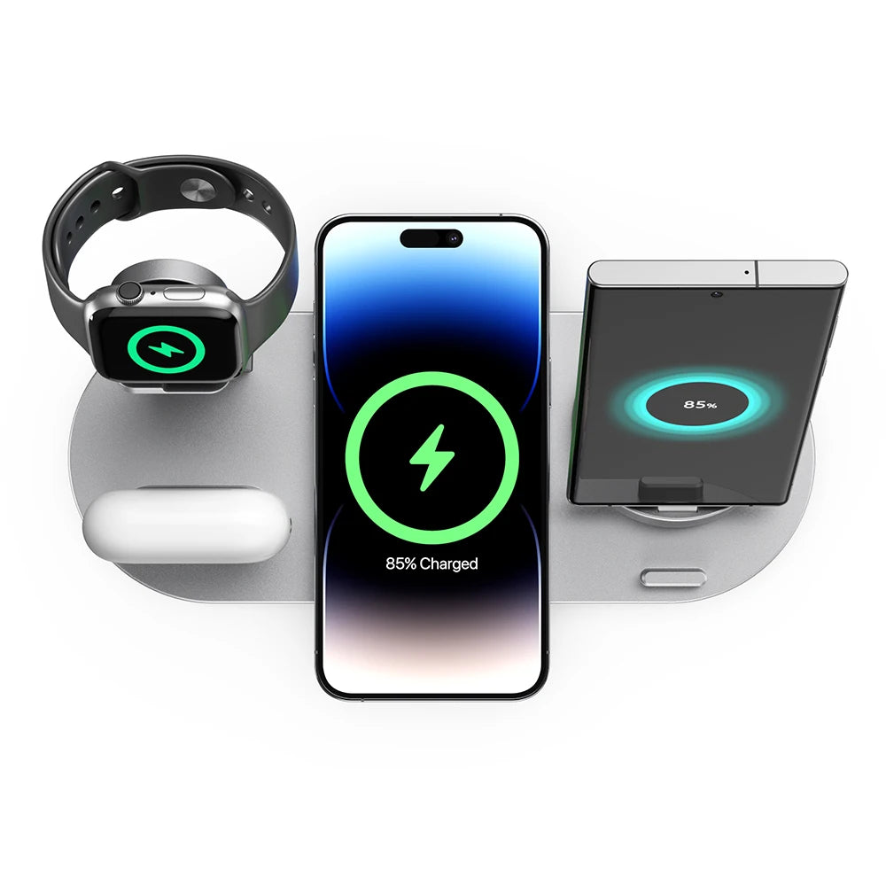 Newest 6-in-1 Foldable Fast Wireless Charging Stand Dock Electric Charger for Multiple Devices Including Phone Watch Headphones