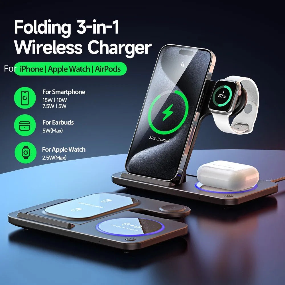 2026 New ProductsMultifunction 3 in 1 Wireless Charger Foldable 15W Fast Charging Portable Custom Logo Holder Station Dropship