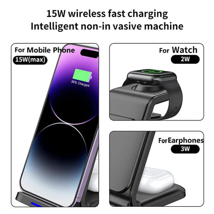 Factory Direct Sale Desktop Fast 15W 3 in 1 Wireless Charger Stand for iPhone & Android Suitable with Earphones