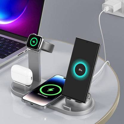 Newest 6-in-1 Foldable Fast Wireless Charging Stand Dock Electric Charger for Multiple Devices Including Phone Watch Headphones