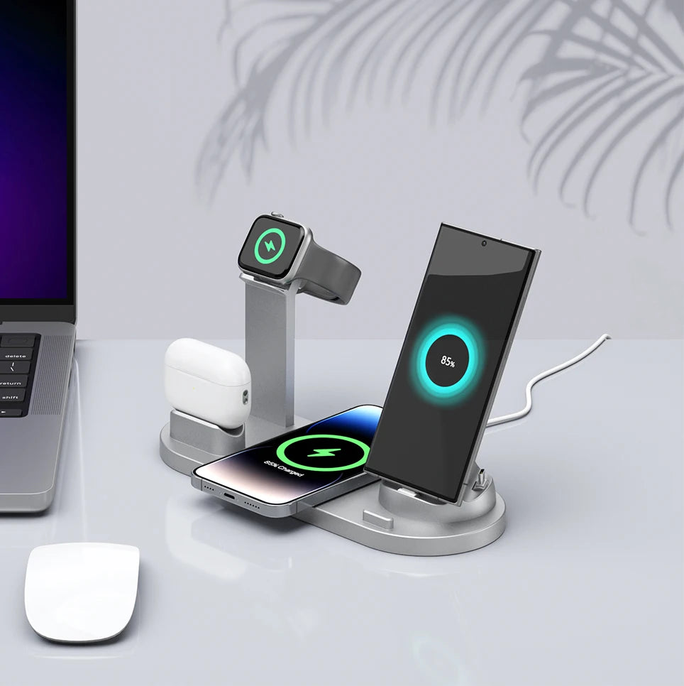 Newest 6-in-1 Foldable Fast Wireless Charging Stand Dock Electric Charger for Multiple Devices Including Phone Watch Headphones