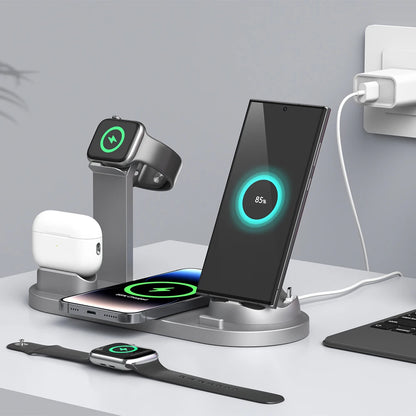Newest 6-in-1 Foldable Fast Wireless Charging Stand Dock Electric Charger for Multiple Devices Including Phone Watch Headphones