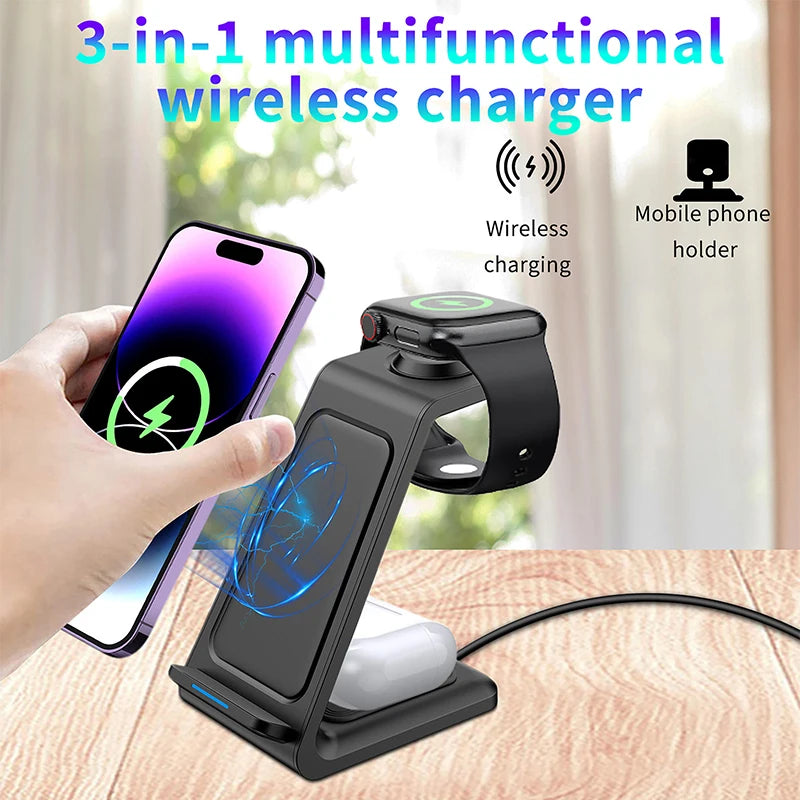 Factory Direct Sale Desktop Fast 15W 3 in 1 Wireless Charger Stand for iPhone & Android Suitable with Earphones