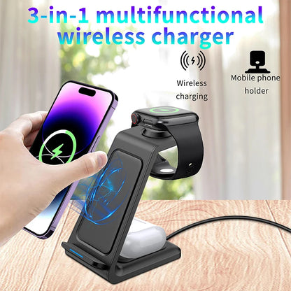 Factory Direct Sale Desktop Fast 15W 3 in 1 Wireless Charger Stand for iPhone & Android Suitable with Earphones