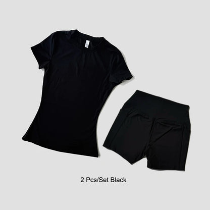 Sports Sets Fitness Hip-lifting Tight Top Short Sleeve Running Workout Gym Shorts Tracksuits For Women Breathable Sports Suits