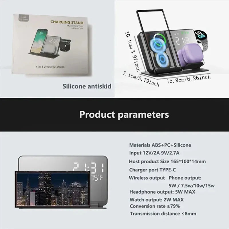 3 in 1 Wireless Charger For Samsung Galaxy Watch 6 5 Pro Fast Charging Station For Galaxy S24 S23 S22 Alarm Clock Chargers Stand