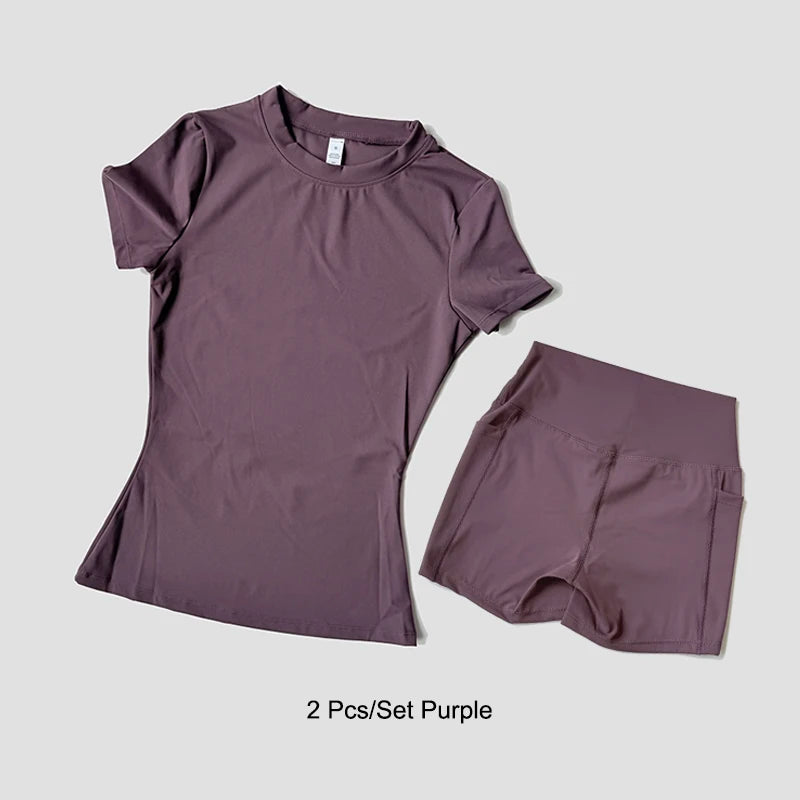 Sports Sets Fitness Hip-lifting Tight Top Short Sleeve Running Workout Gym Shorts Tracksuits For Women Breathable Sports Suits